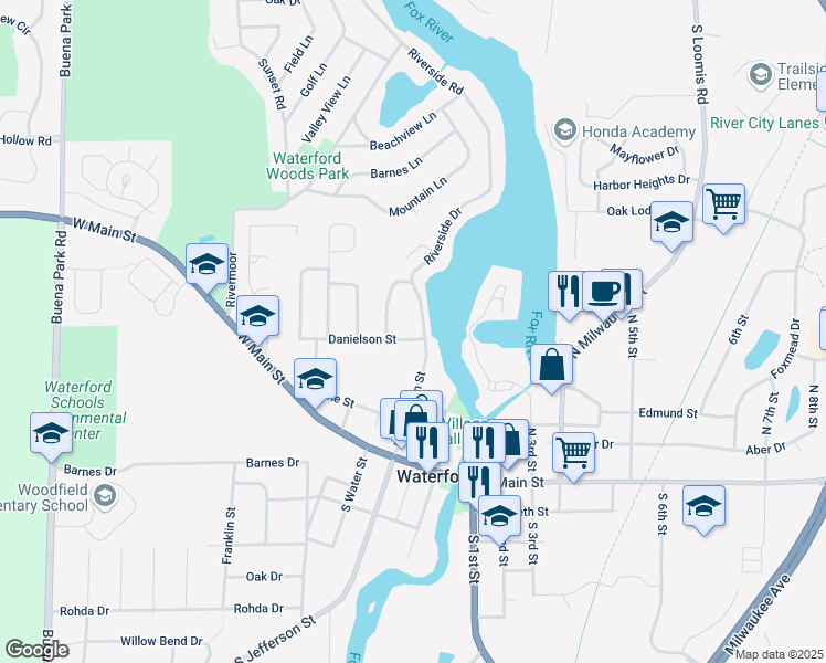 map of restaurants, bars, coffee shops, grocery stores, and more near 317 Riverside Drive in Waterford