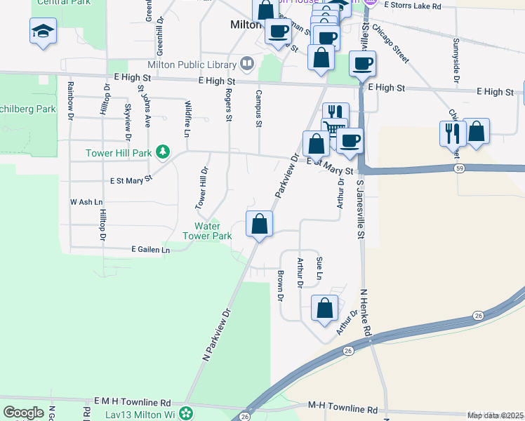 map of restaurants, bars, coffee shops, grocery stores, and more near 904 Parkview Drive in Milton