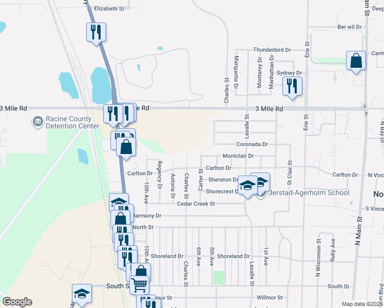 map of restaurants, bars, coffee shops, grocery stores, and more near 1314 Carlton Drive in Racine