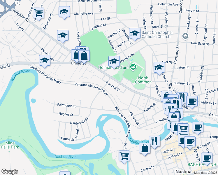map of restaurants, bars, coffee shops, grocery stores, and more near 2 Hillcrest Avenue in Nashua