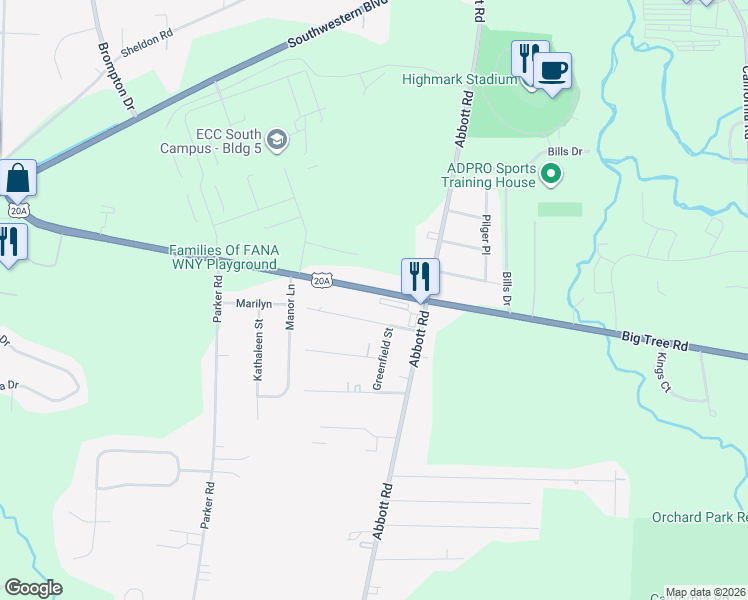 map of restaurants, bars, coffee shops, grocery stores, and more near 20 Penhurst Street in Orchard Park