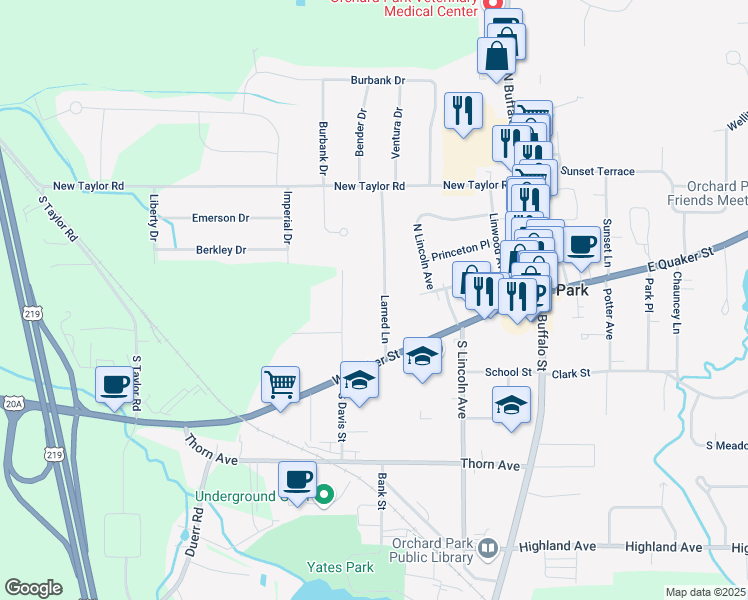 map of restaurants, bars, coffee shops, grocery stores, and more near 29 Larned Lane in Orchard Park