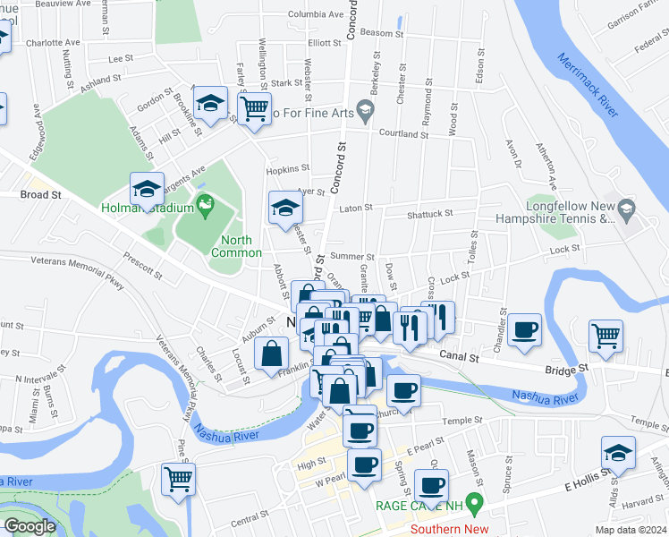 map of restaurants, bars, coffee shops, grocery stores, and more near 41 Orange Street in Nashua
