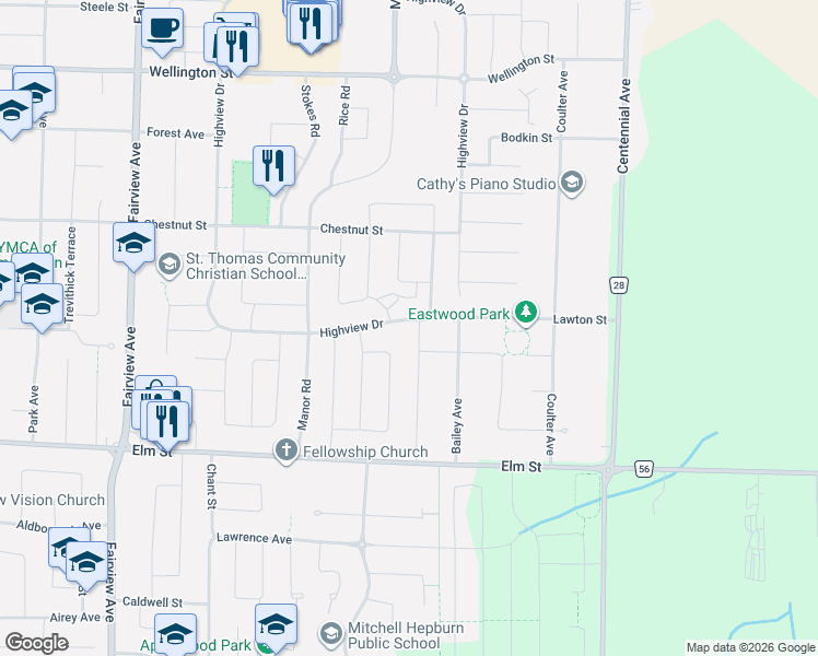 map of restaurants, bars, coffee shops, grocery stores, and more near 608 Highview Drive in St. Thomas