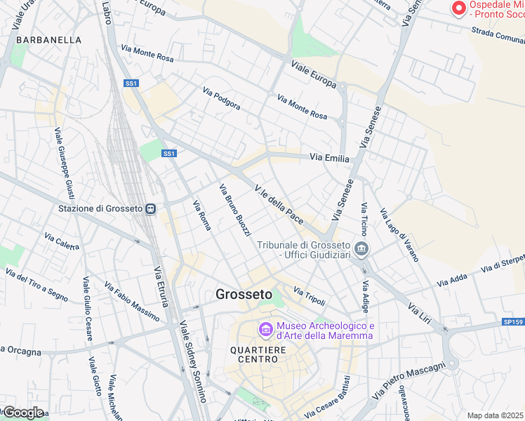 map of restaurants, bars, coffee shops, grocery stores, and more near 183 Via della Pace in Grosseto