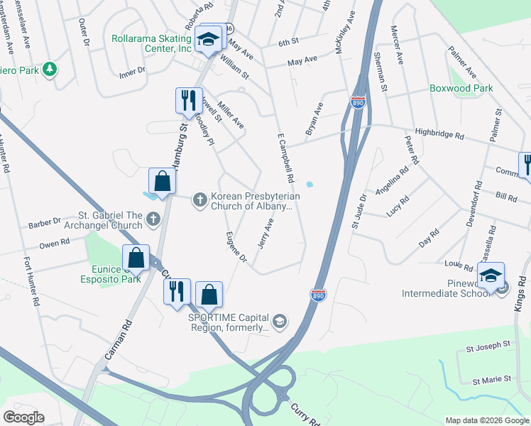 map of restaurants, bars, coffee shops, grocery stores, and more near 1161 Jerry Avenue in Schenectady