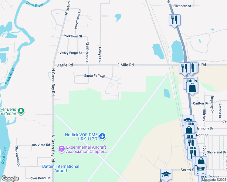 map of restaurants, bars, coffee shops, grocery stores, and more near 2725 Santa Fe Trail in Racine