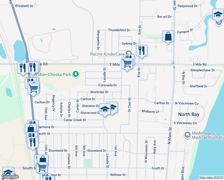 map of restaurants, bars, coffee shops, grocery stores, and more near 900 Montclair Drive in Racine