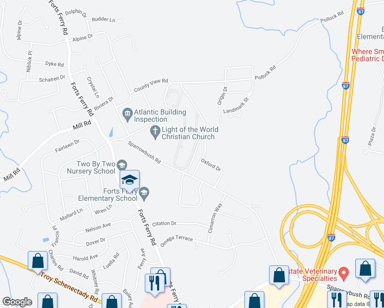 map of restaurants, bars, coffee shops, grocery stores, and more near 50 Cambridge Drive in Latham