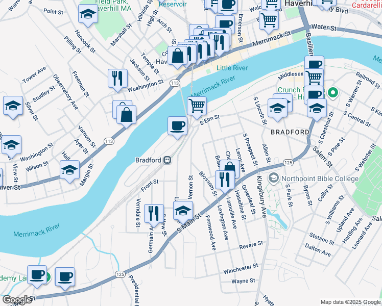 map of restaurants, bars, coffee shops, grocery stores, and more near 96 Blossom St in Haverhill