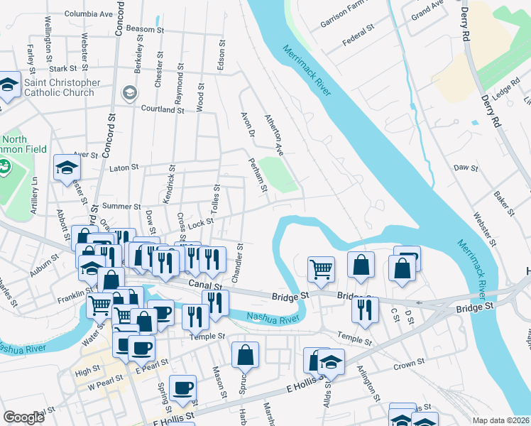 map of restaurants, bars, coffee shops, grocery stores, and more near 10 Perham Street in Nashua