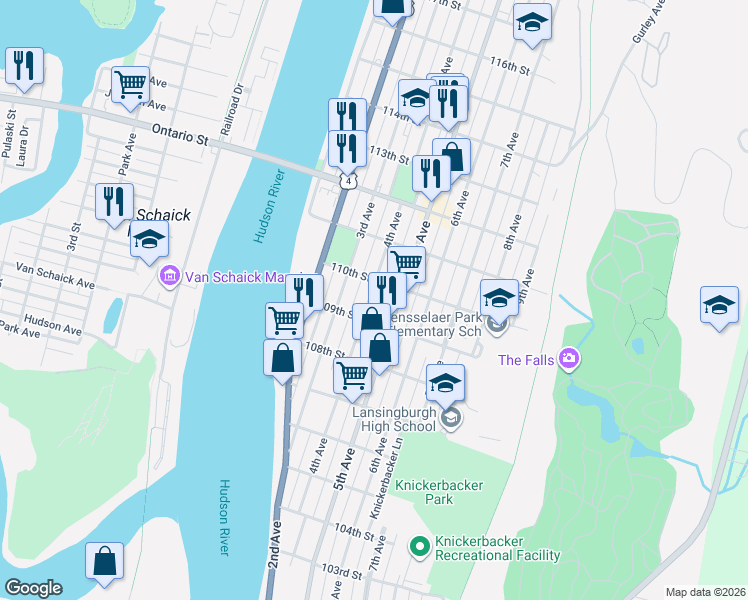 map of restaurants, bars, coffee shops, grocery stores, and more near 392 4th Avenue in Troy
