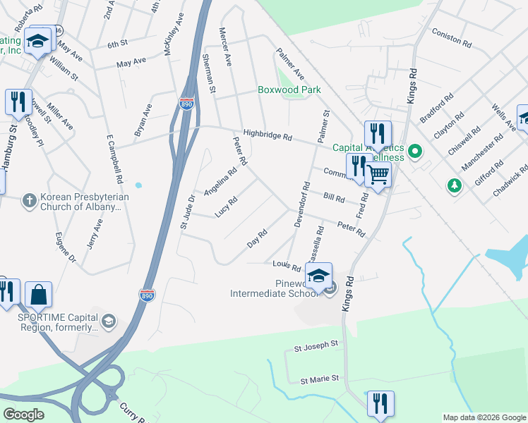 map of restaurants, bars, coffee shops, grocery stores, and more near 1005 Theodore Road in Schenectady