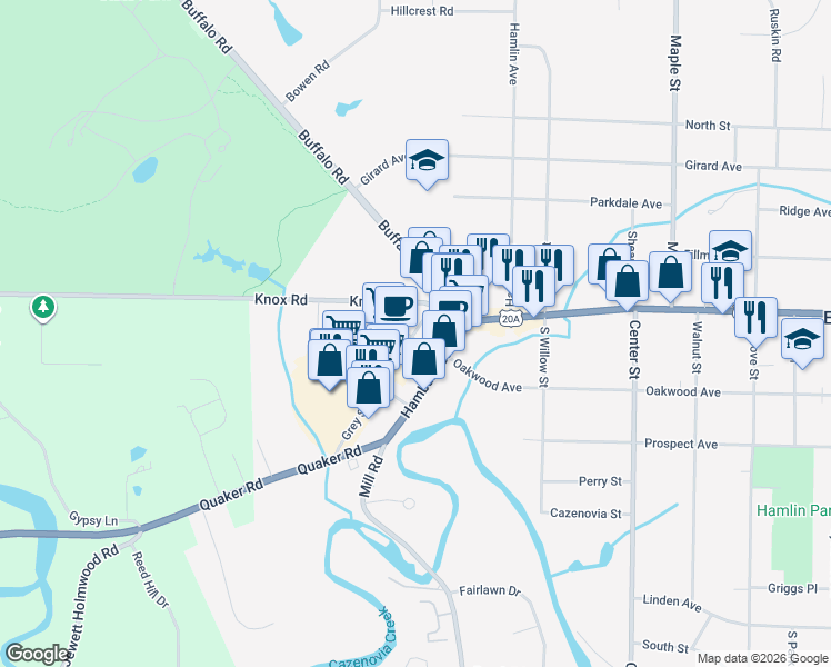 map of restaurants, bars, coffee shops, grocery stores, and more near 55 Knox Road in East Aurora