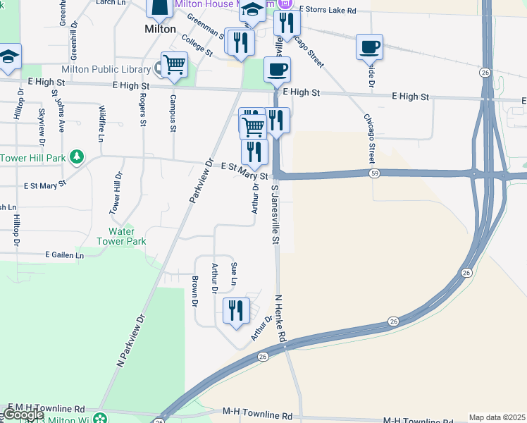 map of restaurants, bars, coffee shops, grocery stores, and more near 844 Arthur Drive in Milton