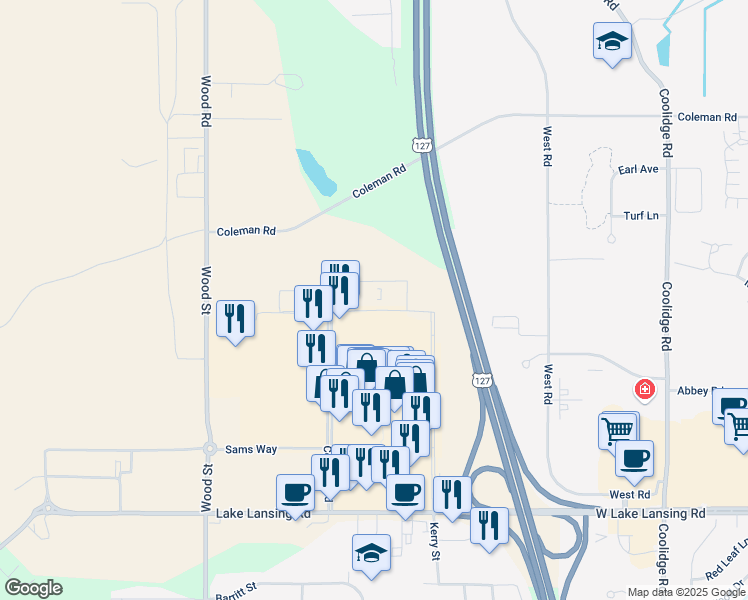 map of restaurants, bars, coffee shops, grocery stores, and more near 2417 Showtime Drive in Lansing