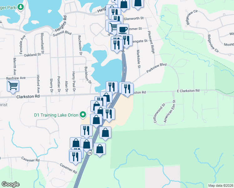 map of restaurants, bars, coffee shops, grocery stores, and more near 189 Clarkston Road in Orion charter Township