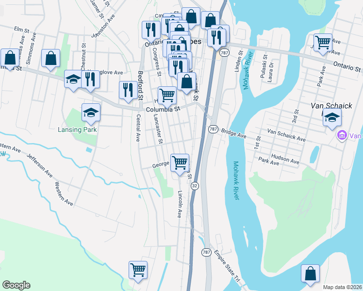 map of restaurants, bars, coffee shops, grocery stores, and more near 163 Main Street in Cohoes