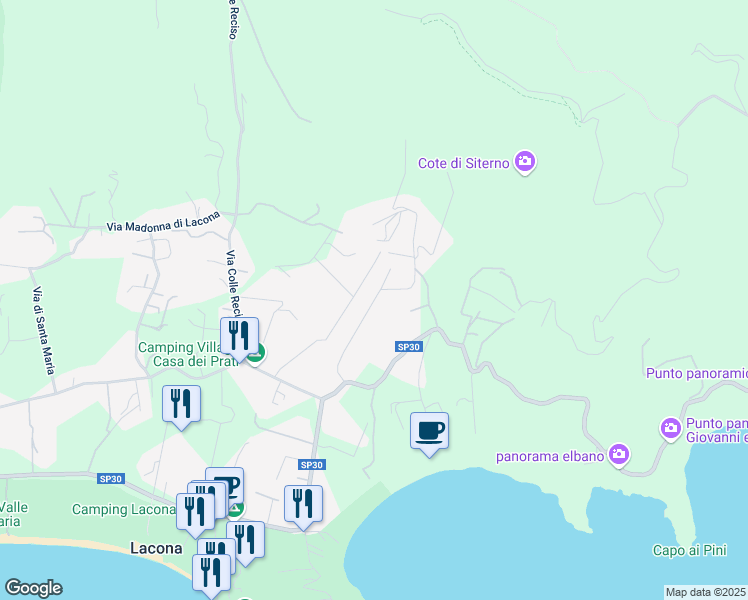 map of restaurants, bars, coffee shops, grocery stores, and more near 377D Via del Canale in Lacona