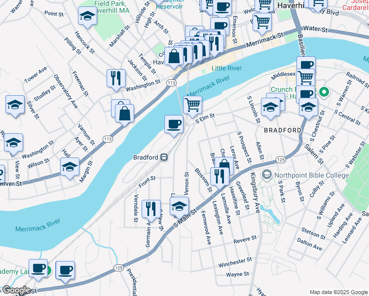 map of restaurants, bars, coffee shops, grocery stores, and more near 96 Blossom Street in Haverhill
