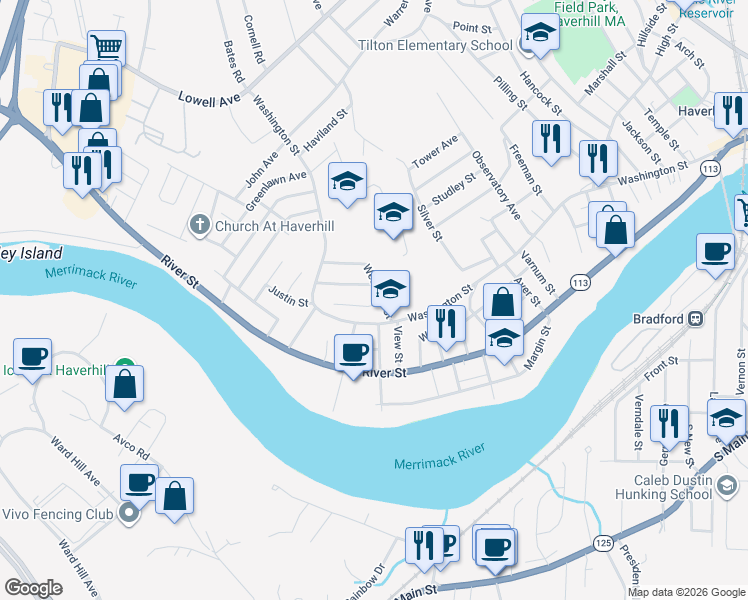 map of restaurants, bars, coffee shops, grocery stores, and more near 21 Westford Street in Haverhill