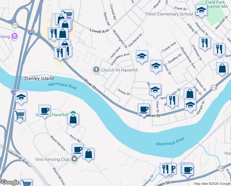 map of restaurants, bars, coffee shops, grocery stores, and more near 33 Worcester Street in Haverhill
