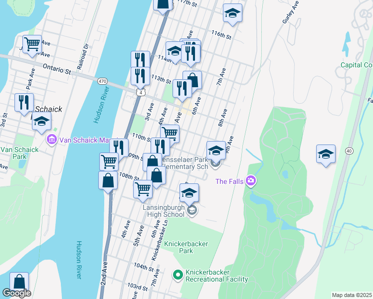 map of restaurants, bars, coffee shops, grocery stores, and more near 417 6th Avenue in Troy