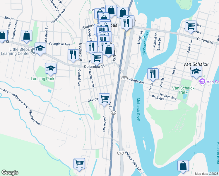map of restaurants, bars, coffee shops, grocery stores, and more near 11 Newark Street in Cohoes