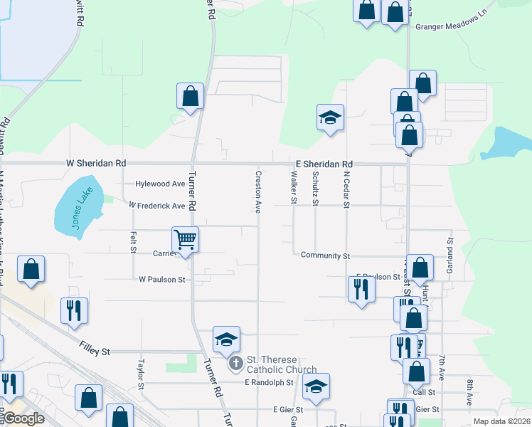 map of restaurants, bars, coffee shops, grocery stores, and more near 3407 Creston Avenue in Lansing