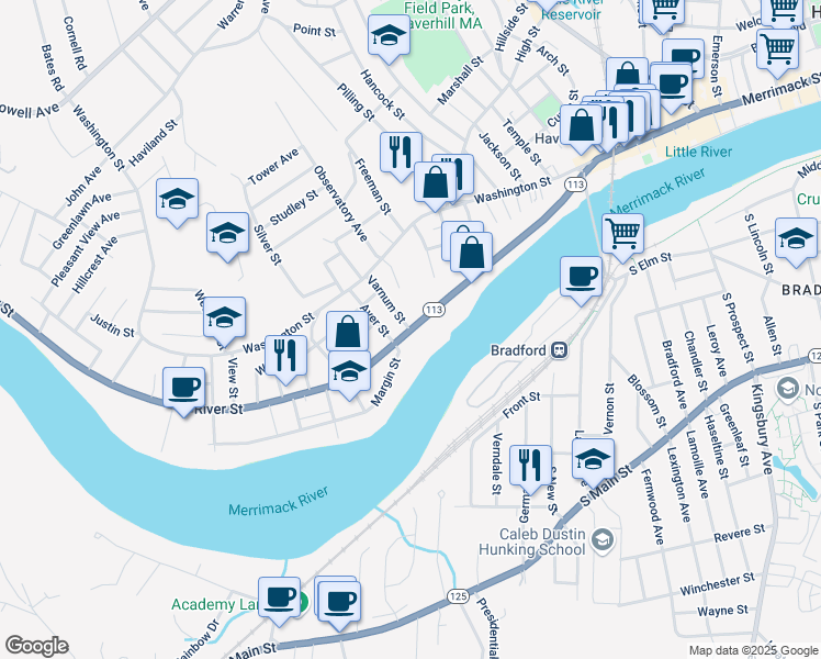 map of restaurants, bars, coffee shops, grocery stores, and more near 261 River Street in Haverhill