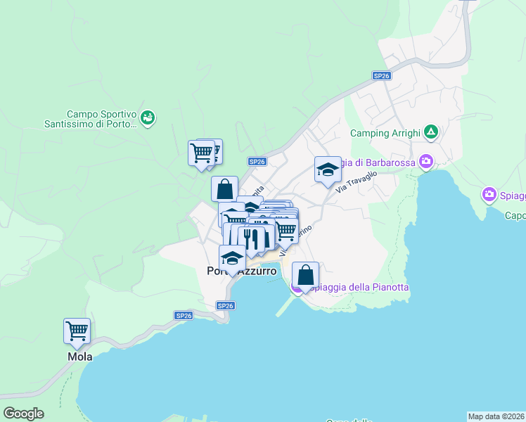 map of restaurants, bars, coffee shops, grocery stores, and more near 4 Via Romita in Porto Azzurro
