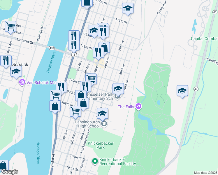 map of restaurants, bars, coffee shops, grocery stores, and more near 418 7th Avenue in Troy