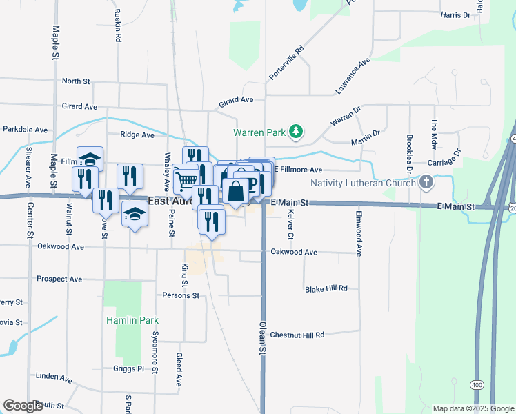 map of restaurants, bars, coffee shops, grocery stores, and more near 676 Main Street in East Aurora
