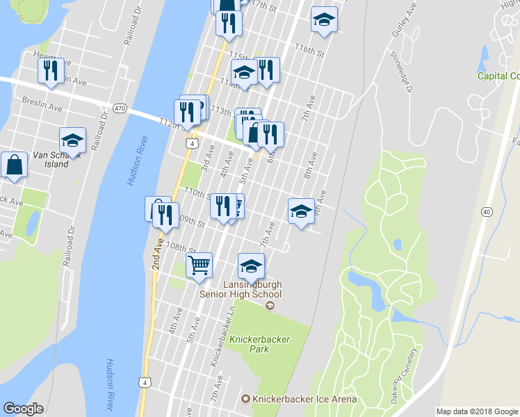 map of restaurants, bars, coffee shops, grocery stores, and more near 412 6th Avenue in Troy