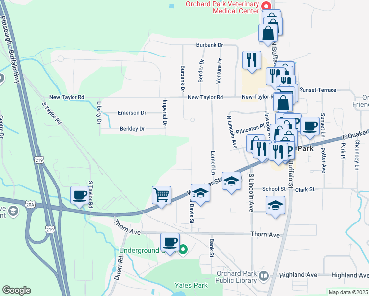 map of restaurants, bars, coffee shops, grocery stores, and more near 119 North Davis Street in Orchard Park