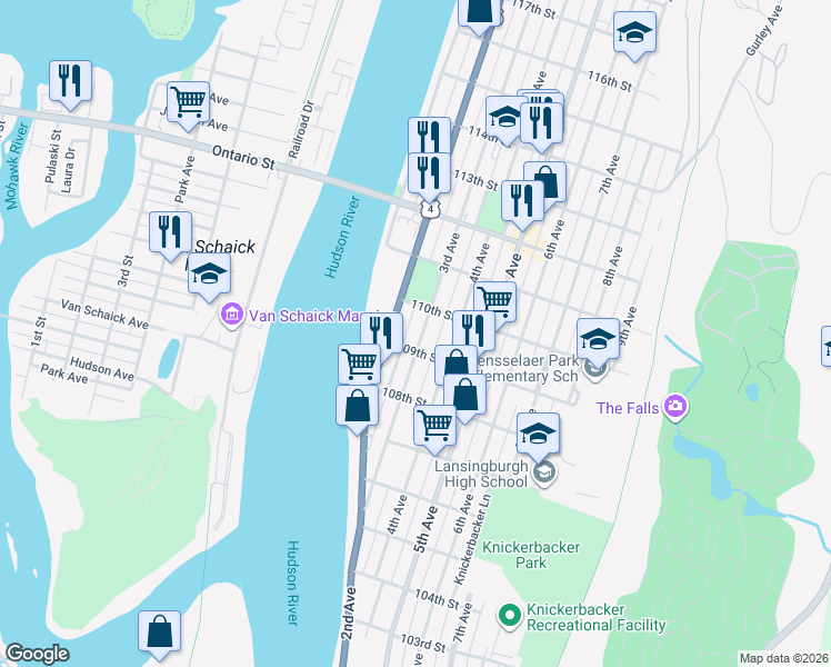 map of restaurants, bars, coffee shops, grocery stores, and more near 398 2nd Avenue in Troy