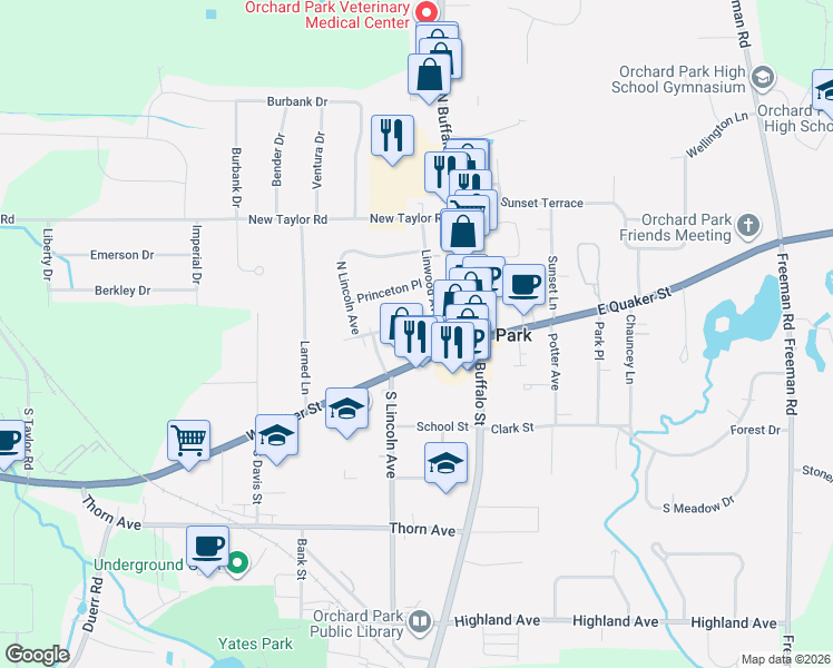map of restaurants, bars, coffee shops, grocery stores, and more near 38 Harvard Place in Orchard Park