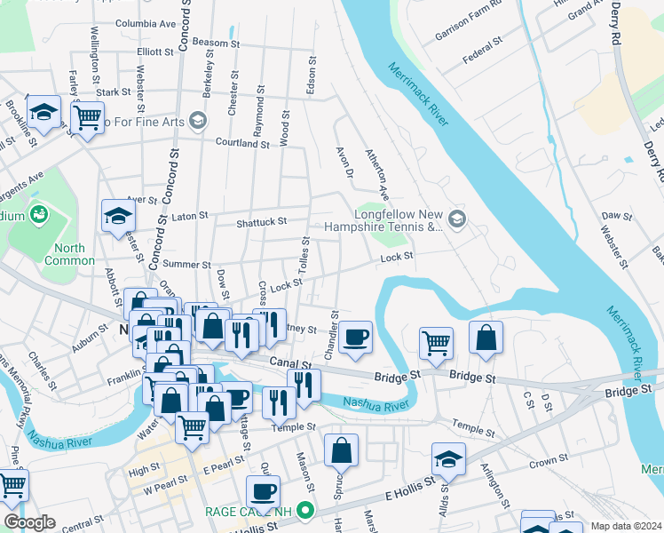 map of restaurants, bars, coffee shops, grocery stores, and more near 86 Chandler Street in Nashua