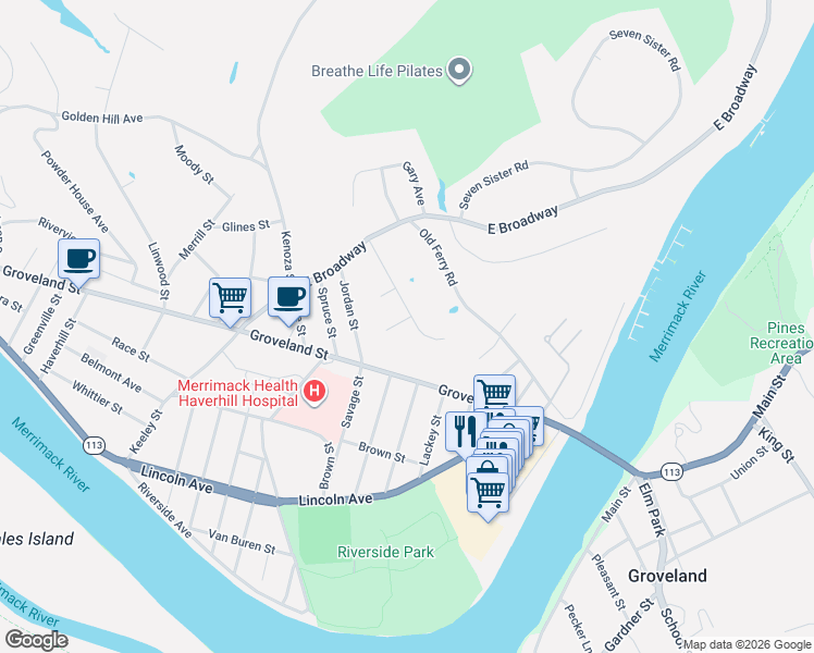 map of restaurants, bars, coffee shops, grocery stores, and more near 14 Wedgewood Drive in Haverhill