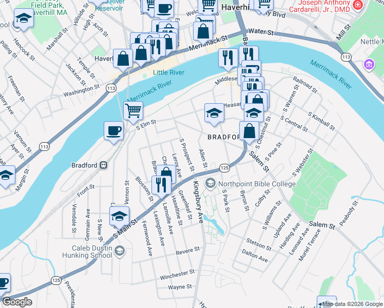 map of restaurants, bars, coffee shops, grocery stores, and more near 38 Allen Street in Haverhill