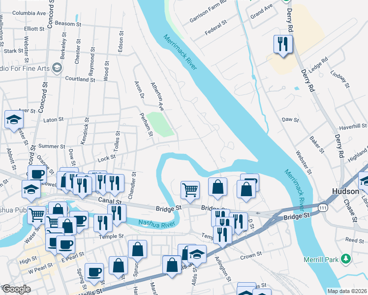 map of restaurants, bars, coffee shops, grocery stores, and more near 115 Lock Street in Nashua