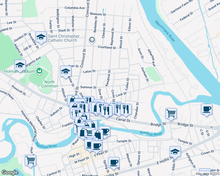 map of restaurants, bars, coffee shops, grocery stores, and more near 598 Kendrick Street in Nashua