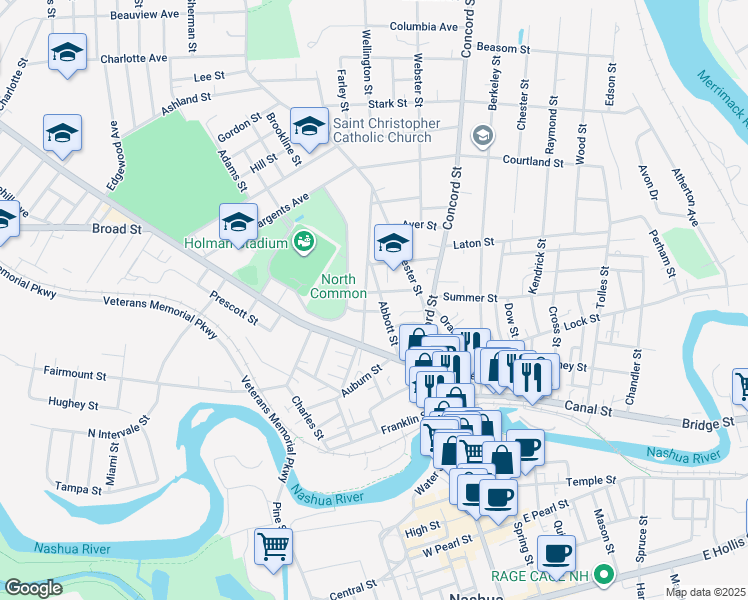 map of restaurants, bars, coffee shops, grocery stores, and more near 21 Abbott Street in Nashua