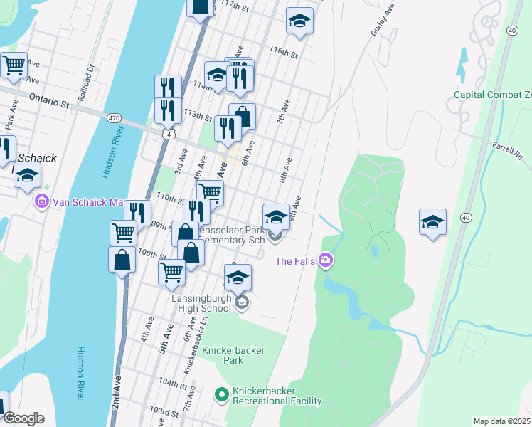 map of restaurants, bars, coffee shops, grocery stores, and more near 437 8th Avenue in Troy