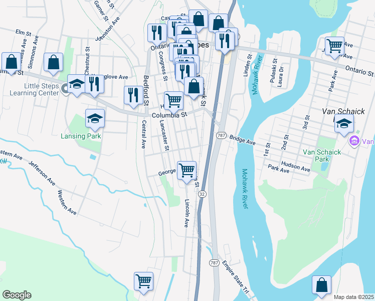 map of restaurants, bars, coffee shops, grocery stores, and more near 145 Main Street in Cohoes