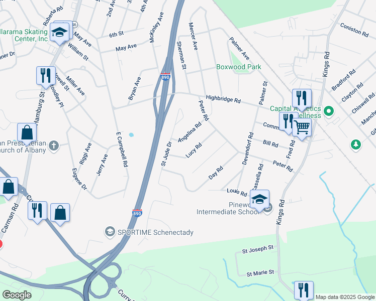 map of restaurants, bars, coffee shops, grocery stores, and more near 1037 Angelina Road in Schenectady
