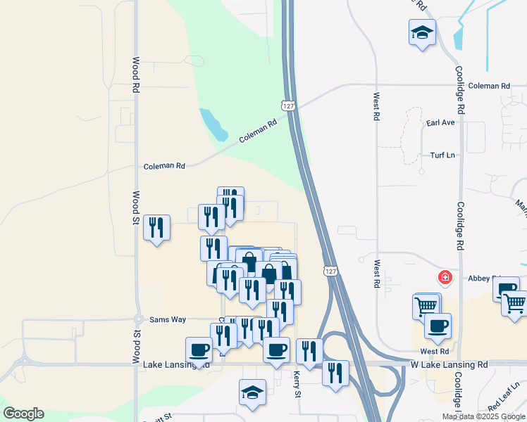 map of restaurants, bars, coffee shops, grocery stores, and more near 2417 Showtime Drive in Lansing