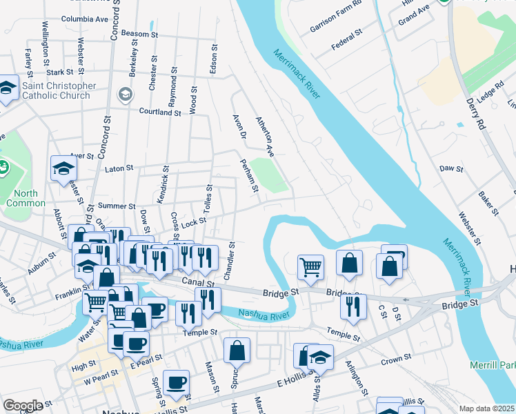 map of restaurants, bars, coffee shops, grocery stores, and more near 10 Perham Street in Nashua
