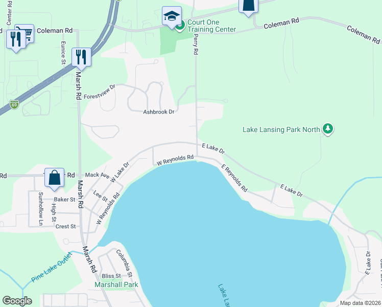 map of restaurants, bars, coffee shops, grocery stores, and more near 6440 West Lake Drive in Meridian charter Township