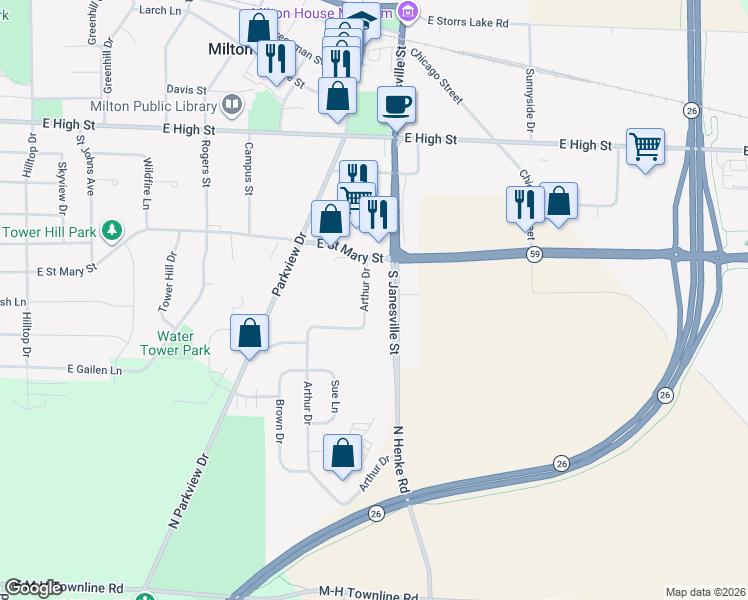 map of restaurants, bars, coffee shops, grocery stores, and more near 844 Arthur Drive in Milton